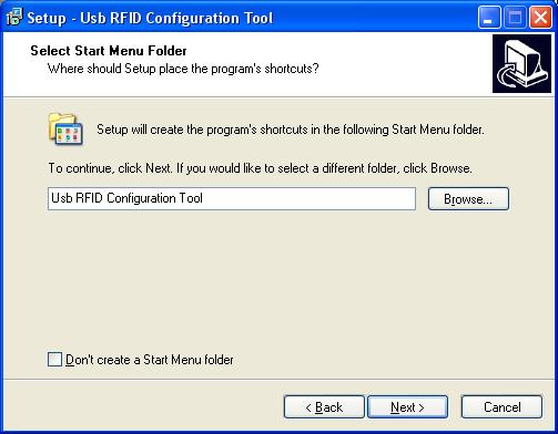 Najprej si izberete mapo, kamor bo nameščen nastavitveni program. Prednastavljena lokacija je»c:\program Files\Usb RFID Configuration tool«. Ko ste izbrali mapo, kliknite gumb "Next" za nadaljevanje.