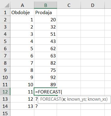 Za izračun prihodnje prodaje (za 11. obdobje) uporabimo funkcijo FORECAST. Slika 248: Uporaba funkcije FORECAST 2. Za polje X, izberemo polje A12.