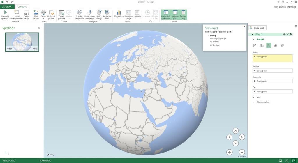 Podatkovne 3D mape To orodje za zemljevide je bilo prisotno že v prejšnjih različicah Excela, vendar so v MS Excelu 2016 vključene dodatne funkcionalnosti.