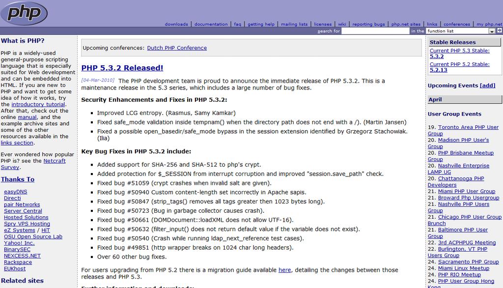 spletnem streţniku, katere ustvarijo programerji z enostavnim urejevalnikom besedil. PHP neposredno komunicira s podatkovnimi streţniki MySQL. Slika 7: Uradna domača stran razvijalcev PHP-ja (Vir www.