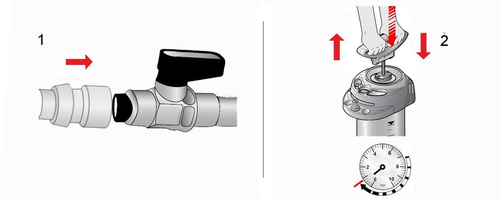 6 Uporaba 1. Povežite natično spojko posode za dovajanje vode z vtičnim nastavkom [1]. 2. Aktivirajte kroglični ventil. Voda se začne dovajati.