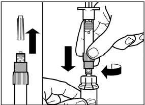 3.korake Snemite pokrovček z brizge, v kateri je vehikel, in privijte brizgo na adapter za vialo.