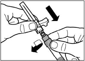 6. korak Na brizgo privijte injekcijsko iglo z varnostnim ščitnikom. Zaščitni pokrovček potegnite z igle povsem naravnost.