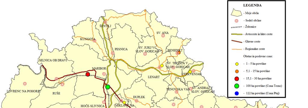 Karta 7; Lokacije gospodarskih con v regiji Vloga in pomen ter razvoj Maribora in Ptuja (Smernice za razvoj) Mestna občina Maribor (MOM) s svojim središčem mestom Maribor leži na križišču V. in X.