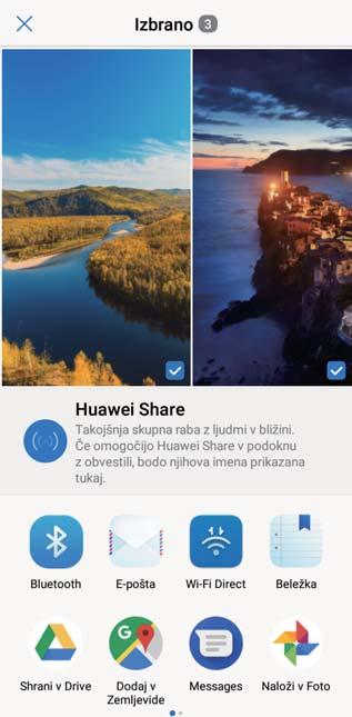 Povezava naprave Huawei Share Uporaba aplikacije Huawei Share za prenos datotek: izberite datoteke, ki jih želite dati v skupno rabo, in se dotaknite možnosti V skupno rabo.
