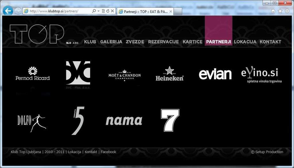 6.6. Partnerji Podjetje posluje z veliko drugimi podjetji, ki jih želi tudi izpostaviti (slika 25). Na strani so prikazani črno-beli logotipi podjetij in povezave do njihove domače spletne strani.