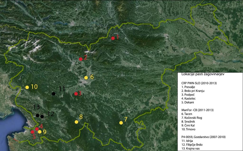 Slika 1: Lokacije raziskav kozličkov iz rodu žagovinarjev (Monochamus spp.