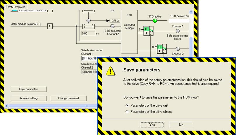 Slika 5.25: Zaključek nastavitve varovanja Potem v naslednjem koraku je potrebno kopirati vse parametre na pomnilnik. V oknu, ki se nam odpre izberemo Parameters of the drive unit.