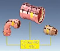 Tehnika uporabe kovinskih cevnih sistemov Oznaka spojk za zatiskanje Spojke za zatiskanje Profipress G in Profipress G XL so označene Plin za plinske vode PN 5 za delovni tlak 5 bar GT 1 za večjo