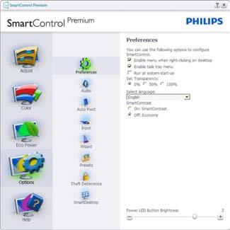 Na nepodprtem zaslonu, ki je zmožen DDC/CI, sta na voljo samo zavihka»help (Pomoč)«in»Options (Možnosti)«izbire SmartControl Premium za možnosti»select Preset (Izberi prednastavitev)«in»tune Display
