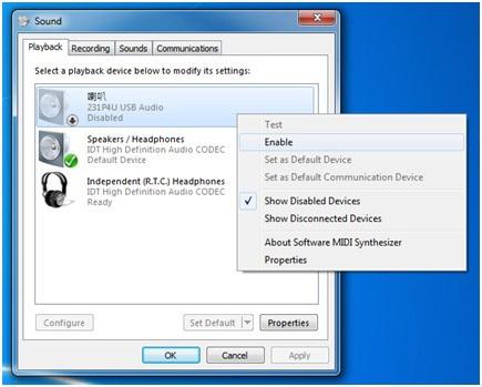 3. Združitveni zaslon USB - uvod 2. Desno kliknite na 231P4U USB Audio, nato izberite Omogoči da poveže zgornja/spodnja vrata USB 3.0 med zaslonom in prenosnikom.