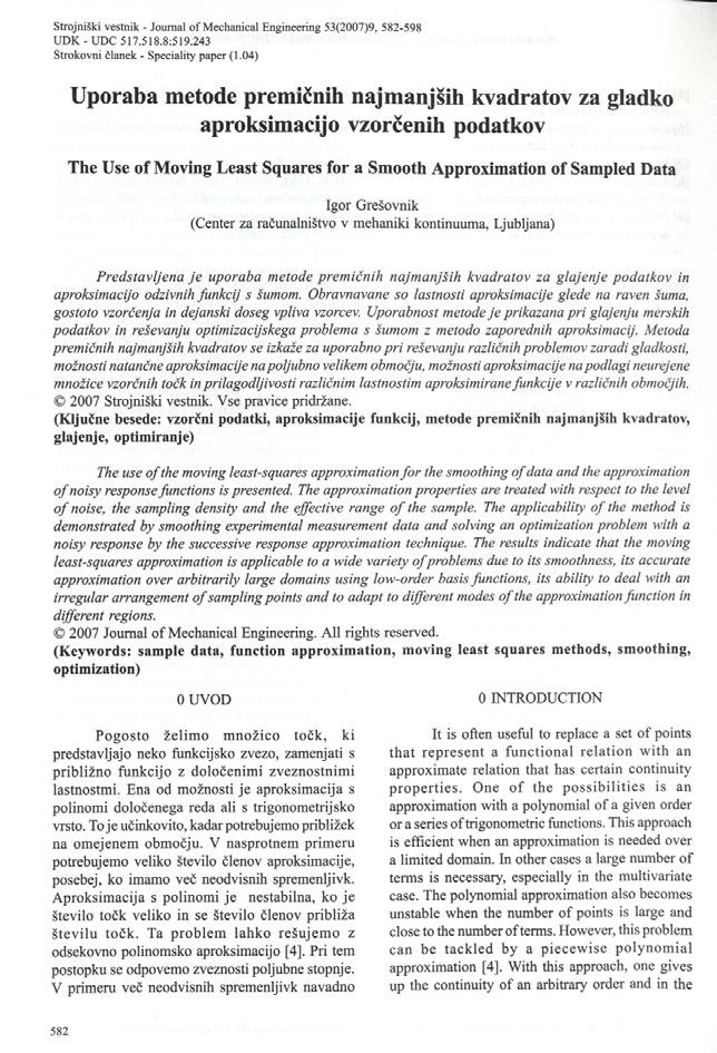 Strojniški vestnik - Journal of Mechanical Engineering 53(2007)9, 582-598 UDK - UDC 517.518.8:519.243 Strokovni članek - Speciality paper (1.