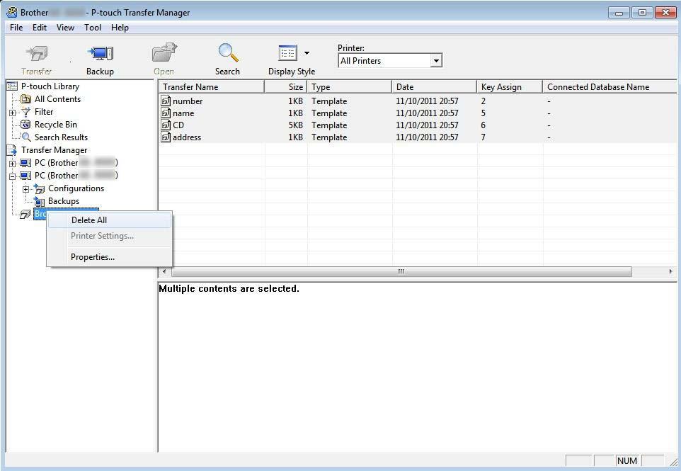 Uporaba programov P-touch Transfer Manager in P-touch Library (samo Windows) Brisanje podatkov tiskalnika nalepk 9 Z naslednjim postopkom izbrišite vse predloge in druge podatke, shranjene v