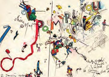 137 137 TINGUELY (Jean). Bonne année 80. Carte de vœux décorée à Claude Pompidou. 1 janvier 1980. Une page in-4 (21 x 29,5 cm ; encadrée).