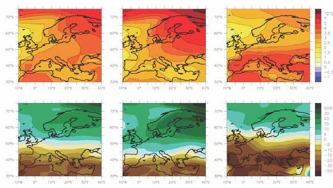 Sprememba temperature zraka in količine padavin na območju Evrope upoštevajoč povprečje preko 21 modelov splošne cirkulacije in scenarij emisij SRES A1B.