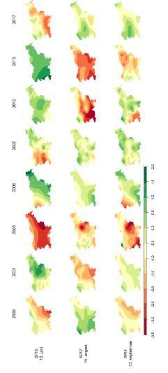 Standardiziran padavinski indeks (SPI) v Sloveniji, izračunan za tri različna obdobja za 8 sušnih let v zadnjem