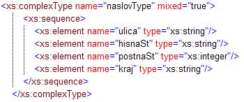 16 <xs:element name="sposoja" minoccurs="0"> <xs:complextype> <xs:attribute name="idpublikacije" use="optional"/> </xs:complextype> </xs:element> V kompleksnem tipu lahko definiramo tip, v katerem so