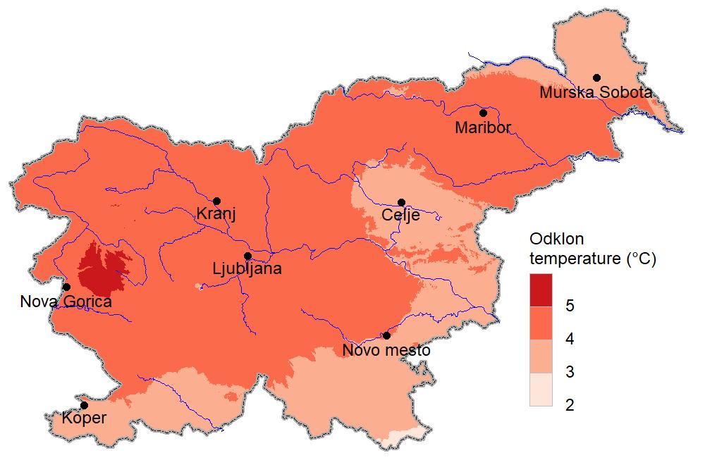 temperature primerjalnega tridesetletnega obdobja med 4 in 5 C. Na jugu države in delu jugozahodne Štajerske ter v večjem delu Pomurja je bil odklon manjši, bilo je 3 do 4 C topleje kot navadno.