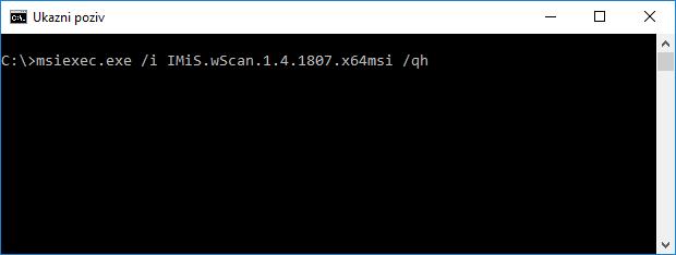 Primer ukazne vrstice za tiho namestitev tipične variante produkta: C:\Windows\system32\msiexec.exe /i IMiS.wScan.1.4.1807.x64.