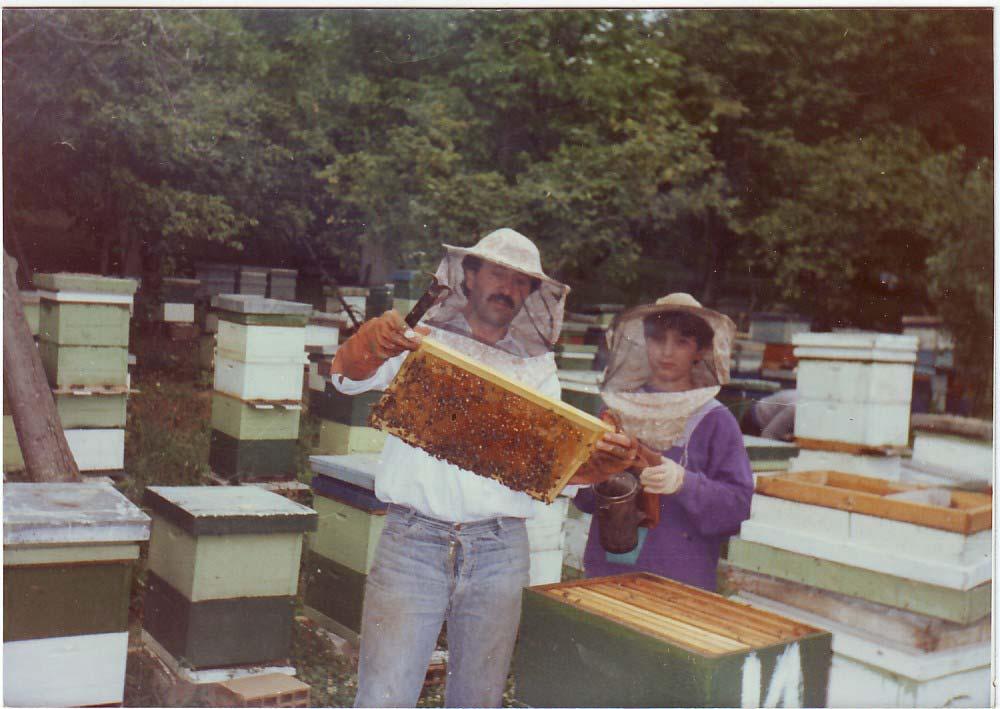 (Mitko Spiroski i sinot Ognen, vo mojot p~elarnik so 150 dru{tva-sanadaci ( trmke),mlaka, Le{ok,1994 ) (Mitko Spiroski and the son Ognen, in My bee-garden with 150 boxes (bees), Mlaka, Lesok,1994 ) 1.
