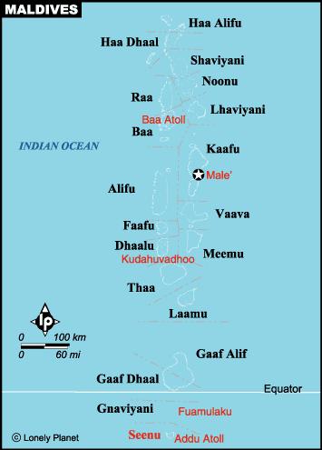 Slika 2 : Upravna razdelitev Maldivov Vir: Maldives, 2006 Maldivi so bili proglašeni za najnižjo državo na svetu, saj najvišji otok meri 2,4 metra, najdaljši pa 8 kilometrov.