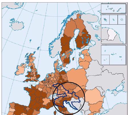 Karta 17 prikazuje razlike v stopnji strostne odvisnosti v državah in NUTS 2 regijah EU.