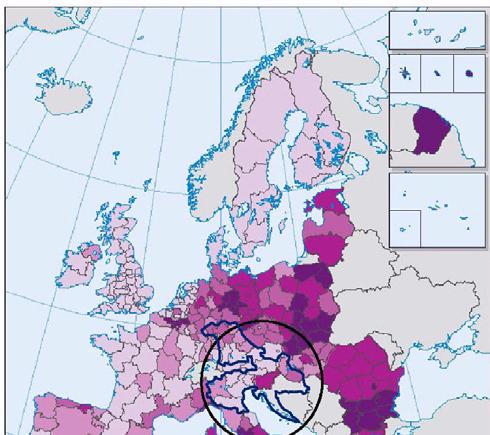Karta 19 prikazuje razlike v stopnji dolgoročne brezposelnosti v državah in NUTS 2 regijah EU l. 2002.