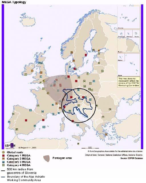 Karta 24: Metropolitanska evropska območja rasti (prilagojeno iz ESPON 1.