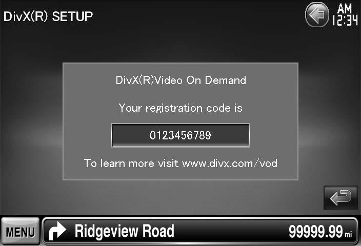 Nastavitveni meni (Setup Menu) Nastavitev DivX-a Tu se preveri registracijska koda. Ta koda je potrebna pri izdelavi plošče z DRM (Digital Rights Management) (upravljanje pravic digitalnih vsebin).