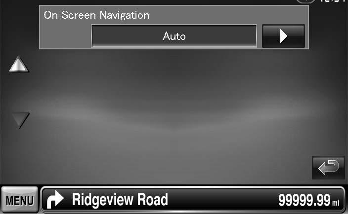 ) [On Screen Navigation] Nastavitev prikaza ekrana navigacijske naprave. ( "OFF") (samo DDX8024BT/DDX8054BT) "Auto": Podatki se ob posodobitvi prikažejo za 5 sekund. "OFF": Podatki se ne prikažejo.