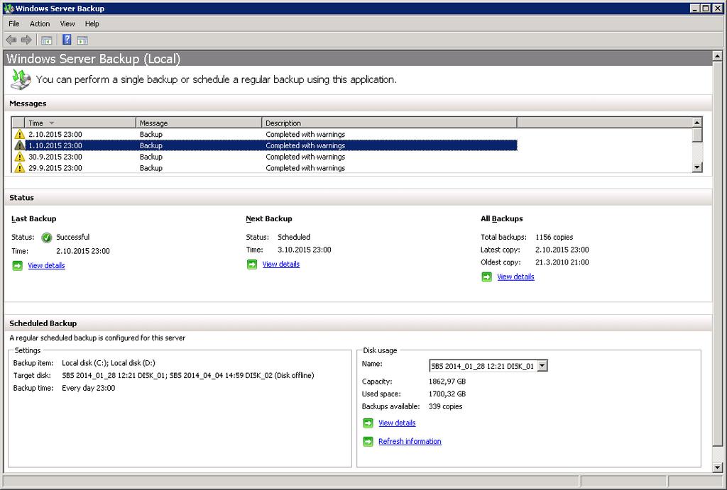 Arhiviranje podatkov Program ''Windows Server Backup'' (Slika 9.15) je integriran v sistem strežnika MS SBS. Nastavitev arhiviranja se izvede s pomočjo čarovnika.