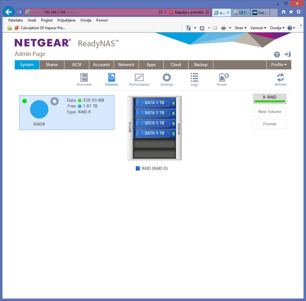 Arhiviranje podatkov Slika 9.17: Vmesnik sistema NAS ''Netgear ReadyNAS 316''. Zavihek ''System'' (Slika 9.