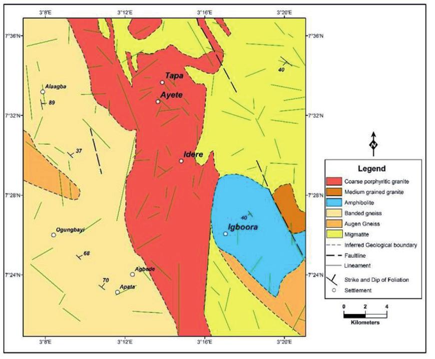 138 Figure 5: Structural map of the study area. Figure 6: Updated geological map of the study area with structural lineaments. indicates the brittle nature of the hard rocks that underlain the area.