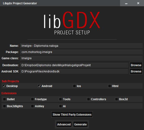 Slika 11: Okence za namestitev novega LibGDX projekta Sedaj imamo ustvarjen projekt in ga lahko odpremo v izbranem integriranem razvojnem urejevalniku Android Studiu.