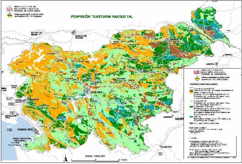 12 Slika 8: Generalizirani podatki o teksturi tal v Sloveniji, preračunani iz pedosistematskih enot (Biotehniška fakulteta. Dostopno na: http://stari.bf.uni-lj.si/cpvo/novo/sf_ PodatkiTalSlovenije.