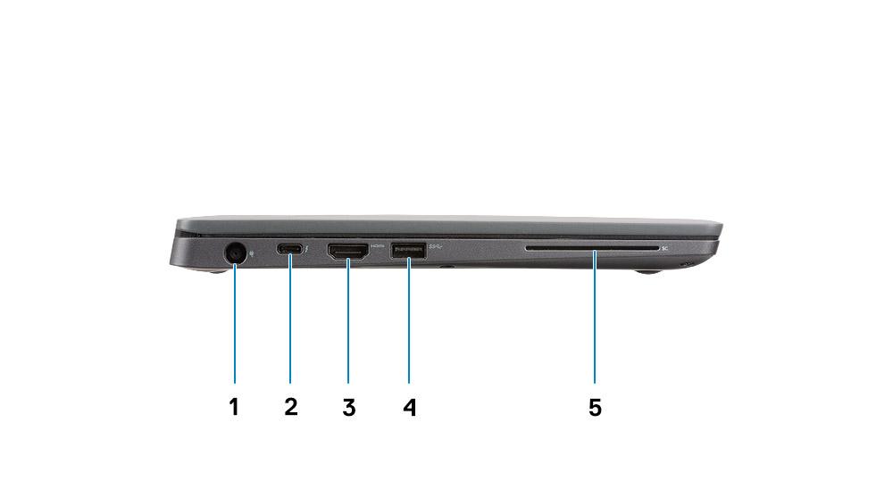 8. Lučka LED za stanje baterije Pogled z leve strani 1. Vrata za napajalnik 2. Vrata USB Type-C 3.1 Gen 2 (Thunderbolt) 3. Vrata HDMI 1.4a 4. Vrata USB Type-A 3.1 Gen 1 5.