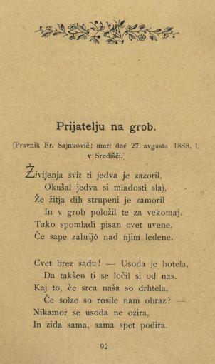 Prijatelju na grob. (Pravnik Kr. Sajnkovič; umrl dne 27. avgusta 18