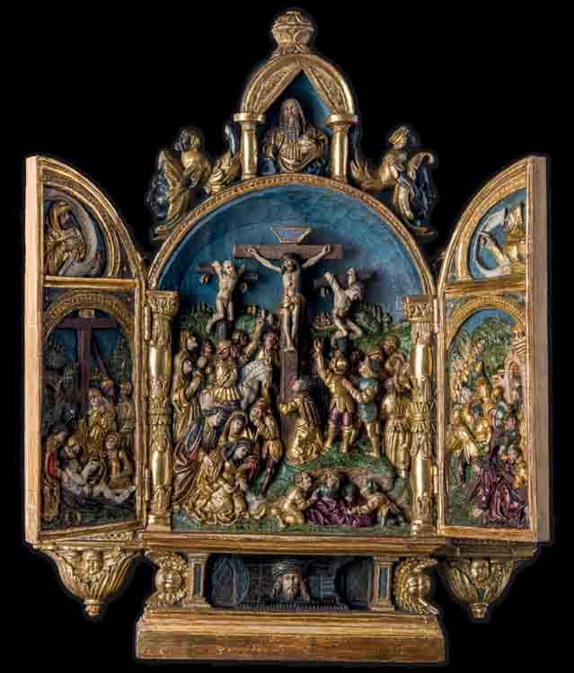 Prenosni krilni oltar poslikan, rezljan les 1651 Izjemno slikarsko - rezbarsko delo je bilo nekoč del inventarja Hmeljniškega gradu.