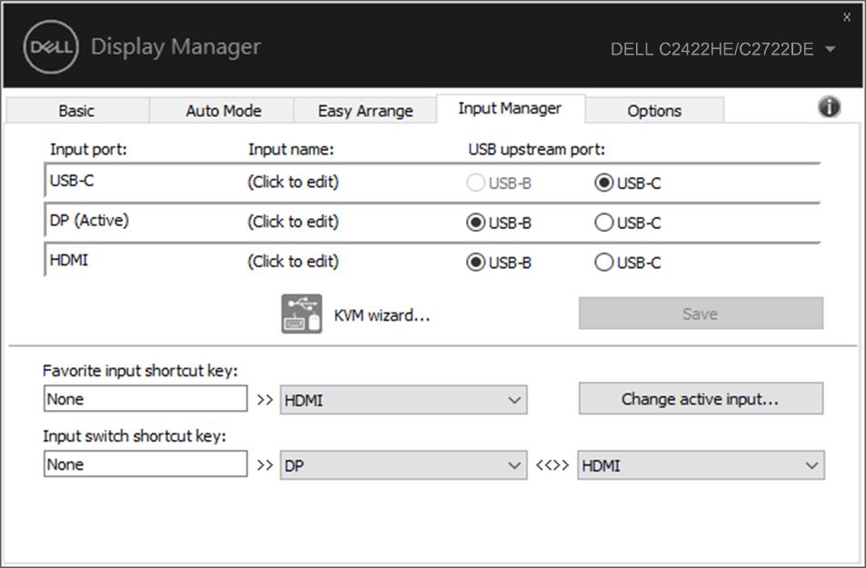 Upravljanje več video vhodov Na zavihku Upravitelj vhodov lahko priročno upravljate več video vhodov, priključenih na monitor Dell.
