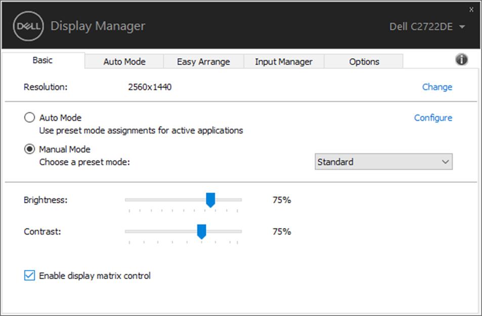 OPOMBA: Če je priključenih več monitorjev Dell, z izbiro možnosti»enable display matrix control«(omogoči nadzor zaslonske matrice)