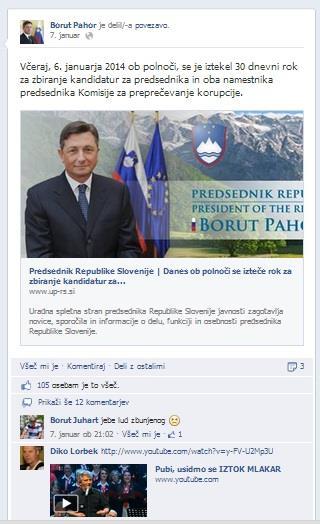 Slika 4: Borut Pahor na Facebooku Vir: https://www.facebook.com/borutpahor.si?fref=ts, 07. 01.