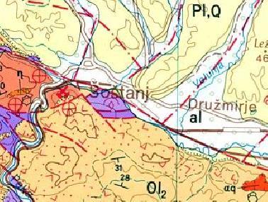 22 4 GEOLOŠKO-GEOMEHANSKI PODATKI 4.1 Geološke in hidrološke značilnosti Na obravnavanem območju se nahaja šoštanjski prelom, kjer se je oligocenska podlaga (OI 2 ) pogreznila pod strmim kotom.