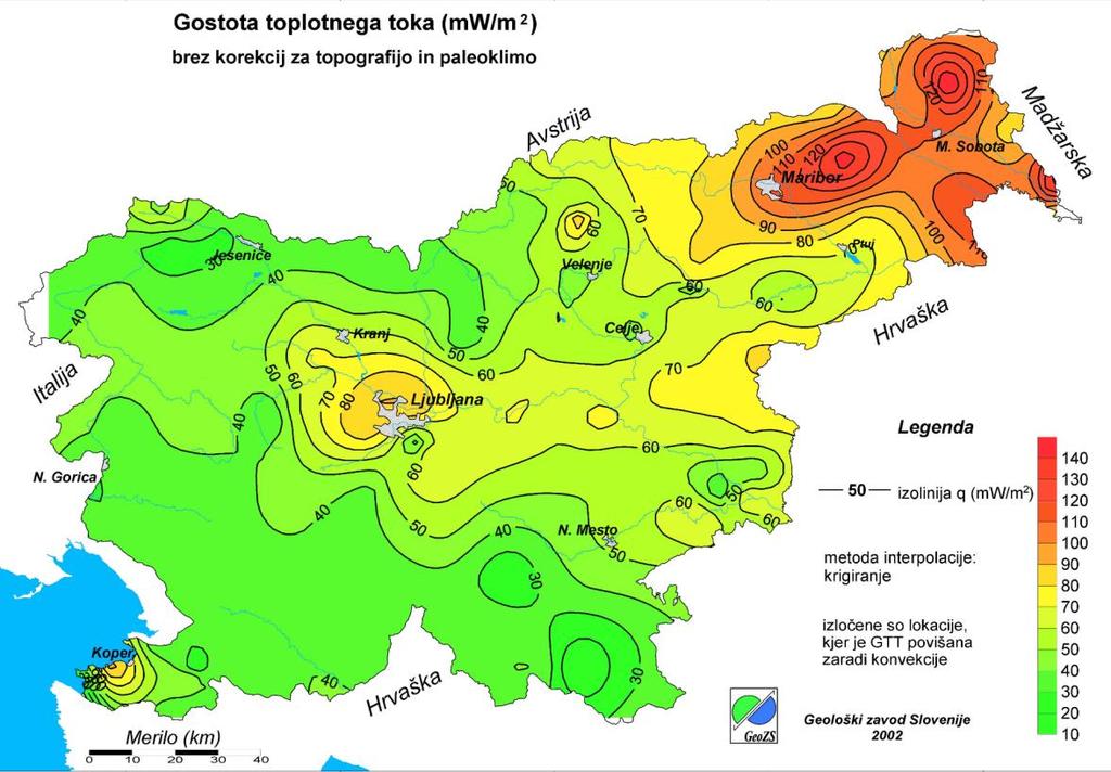 Na Sliki 3 so označena področja v Sloveniji, kjer bi bilo mogoče izkoriščati geotermalno energijo. Ko gre za izkoriščanje geotermalne energije, je pomemben podatek o gostoti toplotnega toka.