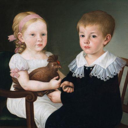 Matevž Langus Primicova Julija s kokoško in z bratom Da nas kakšna slika še posebej nagovarja, vzrok ni nujno zmeraj le v mojstrstvu slikarja.