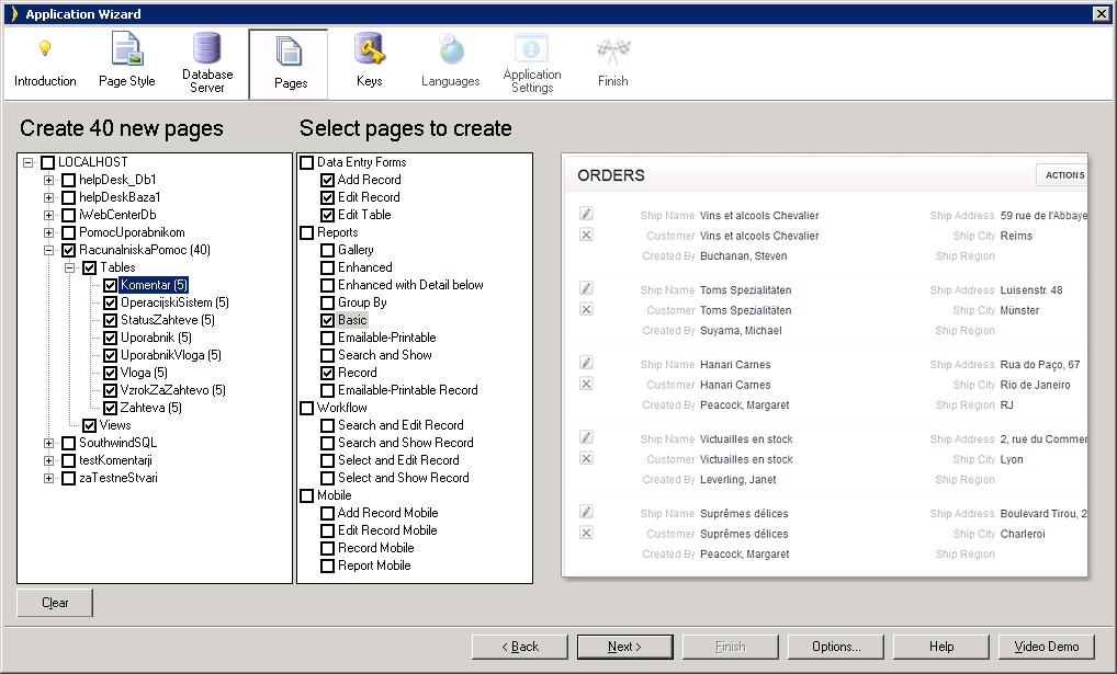 orodje izdelalo (angl. Select pages to create) označimo pod Poročili (angl. Reports) samo Basic in Record (slika 4.