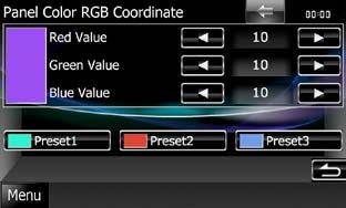 Nastavitev Nastavitev Registracija originalnih barv Registrirate lahko svojo originalno barvo. 1 Na zaslonu Panel Color Coordinate se dotaknite [Adjust]. Prikaže se ekran Panel Color RGB Coordinate.