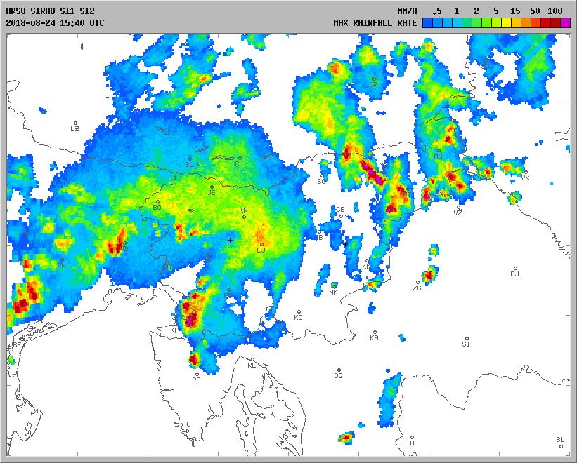 Slika 35: Radarska slika padavin ob 17:40 po lokalnem času. Vir: ARSO V soboto, 25.