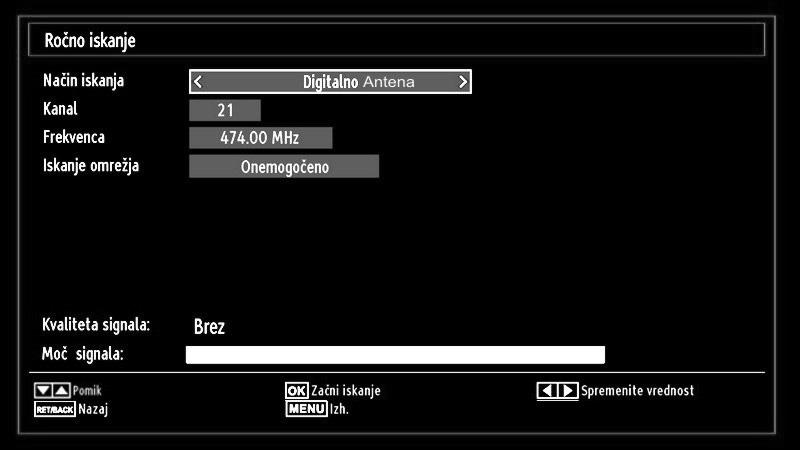 Digitalni kabelski: poišče in shrani kabelske kanale DVB. Analogno: poišče in shrani analogne kanale. Digitalni antenski in analogni: poišče in shrani analogne in antenske kanale DVB.