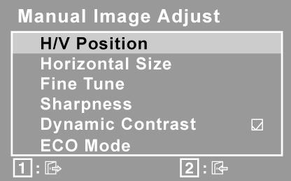 Kontrola Razlaga Manual Image Adjust (Ročna prilagoditev slike) prikaže meni Ročna prilagoditev slike. H./V.
