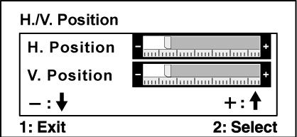 Kontrola Razlaga Horizontal Size (Horizontalna velikost) prilagodi širino slike zaslona. H./V. Position (Horizontal/Vertical Position) (H./V. pozicija (Horizontalna/ Vertikalna pozicija)) premakne sliko zaslona levo ali desno ter gor ali dol.